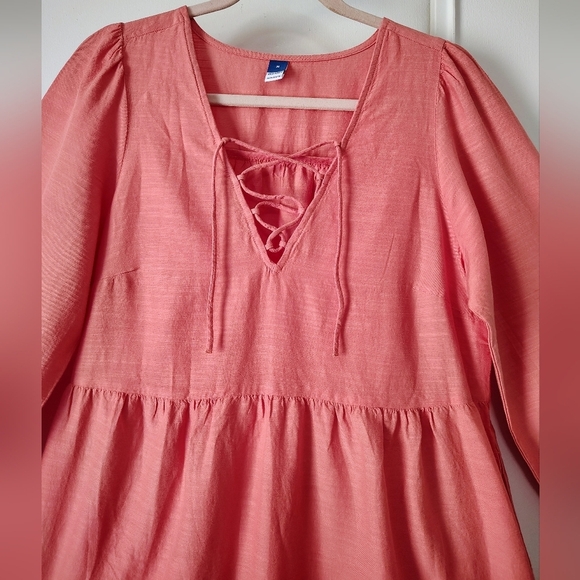 Tiered Lace-Up Mini Swing Dress Eyelet Floral Hem Coral Long Sleeve M. - Picture 15 of 17